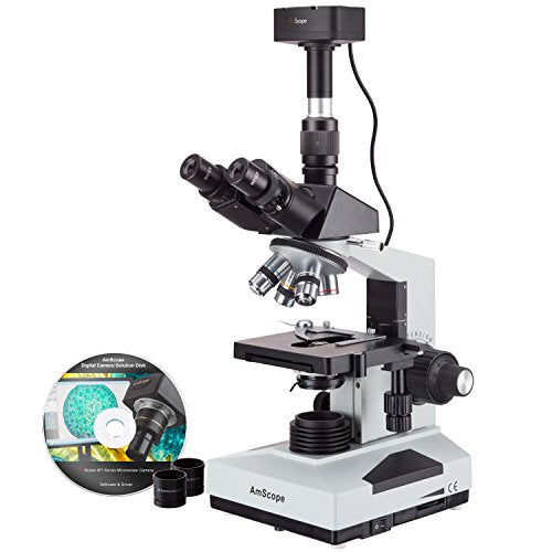 AmScope T490B-5MT Digital Compound Trinocular Microscope, WF10x and WF20x Eyepieces, 40X-2000X Magnification, Brightfield, Halogen Illumination, Abbe Condenser, Double-Layer Mechanical Stage, Sliding Head, High-Resolution Optics, Includes 5MP Camera with