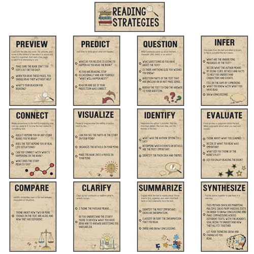Outus 13 Pcs Reading Strategies Posters Classroom Decorations Reading Bulletin Board Posters Elementary Educational Wall Prints Library Decorations for Middle High Schools Teacher Supplies(Retro) - style: Retro