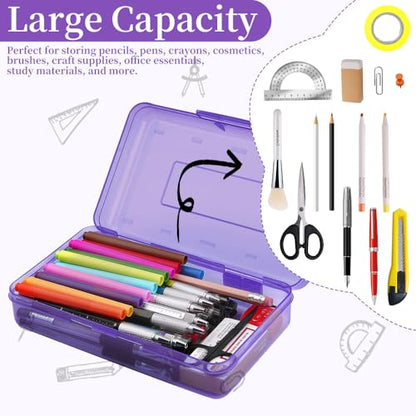 Pencil Box, Clear Pencil Case, Large Capacity Plastic Hard Pencils Case Crayon Box with Snap-Tight Lid Stackable for Kids Adult Student Pens Pencils School Supplies Storage Office Supplies, Purple - color: Purple