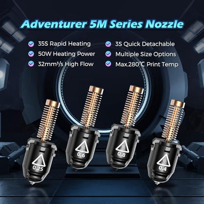 FLASHFORGE Adventurer 5M Pro Nozzle, 0.25mm 280℃ High Flow 32mm³/s Nozzle for Stable High-Speed Printing, Adventurer 5M Hotend, 3S Quick-Detachable Nozzle - style: 0.25 mm