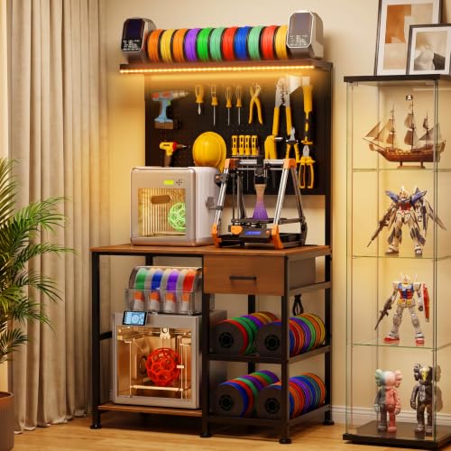 3D Printer Stand with Filament Storage Workstation, Drawer and LED Lights - color: Black+Brown-with LED