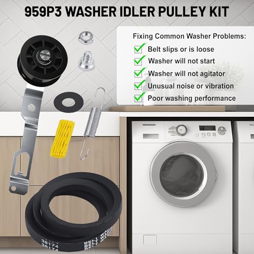 959P3 Washer Idler Pulley Kit Idler Lever and Belt Kit Compatible with Sp-eed Qu-een Replaces PRM959P3 UNMC959P3 2020782 AP4489045 PS12661973