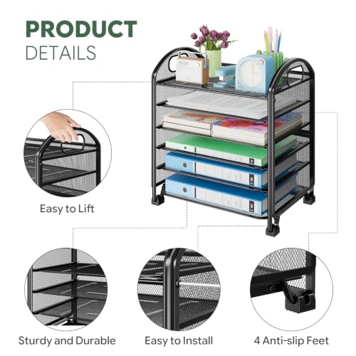 Simple Trending 6 Tier Paper Organizer, Desk Organizer with Handle, Black - size: 13.1" x 8.8" x 14.3"