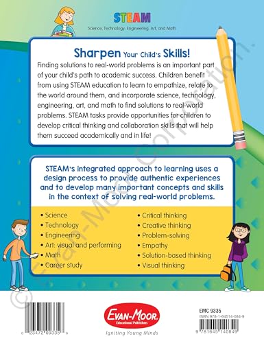 Evan-Moor Skill Sharpeners STEAM Workbook, Grade 5, Science, Technology, Engineering, Art, Math, Hands On Activities, Helping Others, Collaboration, Solve Real World Problems, Puzzles, Homeschool