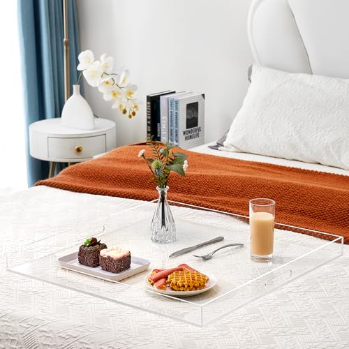 Clear Acrylic Serving Tray 17×17 inches Large Decorative Ottoman Tray with Cutout Handles Organizer Tray on Coffee Table Countertop Big Breakfast Bed Tray Living Room Appetizer Sevring Food and Drink - color: Clear, size: 17" x 17" x 2"
