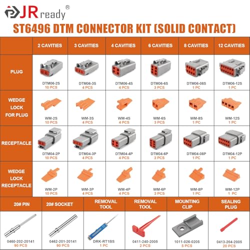 JRready ST6496 Deutsch DTM 2/3/4/6/8/12 Pin Connector Kit, Solid Contacts - size: DTM Kit (300pcs)