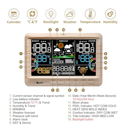 Weather Station Indoor Outdoor Thermometer Wireless Atomic Clock Wood - color: Multi