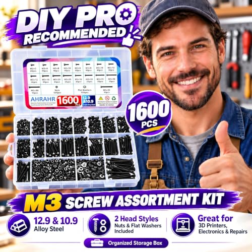 M3 Metric Screw Kit, 1600 Piece, 10.9 Button and 12.9 Cap Head - color: Black-Hex Socket Cap & Button Head 1600 Pcs