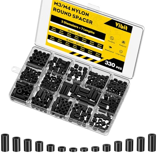 Vibit 330 Pcs M3/M4 Nylon Spacers for Screws, ID 3 mm/4 mm & OD 7 mm, 10 Lengths – 2 mm 3 mm 5 mm 8 mm 10 mm 12 mm 15 mm, Non-Threaded Plastic Spacers, Nylon Round Spacers for M3 M4 Screws, Black - size: M3/M4,330PCS
