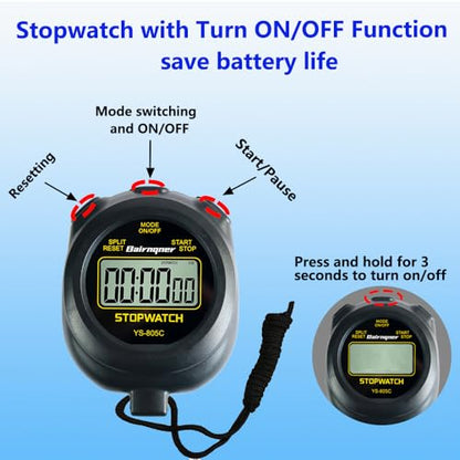 Stopwatch Timer with Countdown, ON/Off Simple Operation No Clock No Date, Digital Stop Watch for Sports, Black - color: Black