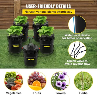 VEVOR 5 Buckets DWC Hydroponic System, 5 Gallon, Deep Culture, Plants Grow Kit with Pump, Air Stone and Water Level Device, for Indoor/Outdoor Leafy Vegetables, Black - style: 5 Buckets