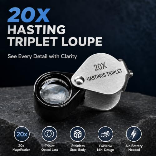Mini Jewelers Loupe Magnifier 20X Hastings Triplet Loupe with 12mm Triplet Lens - Foldable Pocket Metal Loupe Ring Jewelry Loop Magnifying Glass for Diamond, Coins, Stamps, Rocks, Antiques and Plants