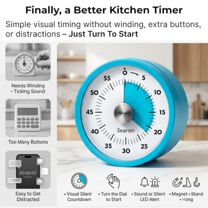 Searon Magnetic Kitchen Timer, 60-Minute Visual Dial (Blue) - color: Blue