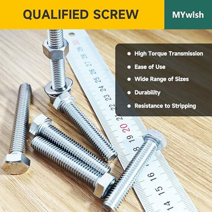 Mywish 5/16 Bolts, 85Pcs 5/16-18 Bolts and Nuts Kit with 1-1/2", 2", 2-1/2", 3" Hex Bolts Kit, 304 Stainless Steel 5/16 Screws Nut and Bolt Assortment Kit with 4 Common Sizes and Cross-Drilled Tail - size: 85 Pcs 5/16 Kit - Silver