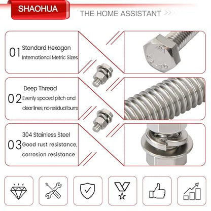 M5 M6 M8 Nuts and Bolts Assortment Kit 12mm-40mm, Metric Bolt Assortment 304 Stainless Steel Bolts and Nuts Kit, Hex Head Cap Screws Kit, Flat & Spring Lock Washer with Wrench, Silver, 496PCS, SHAOHUA - size: H. M5 M6 M8