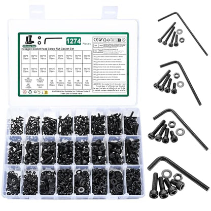 1274 Pcs M2 M3 M4 M5 Metric Screw Set, Hex Socket Head Cap Screws Nuts and Washers Assortment Kit, Metric Bolts and Nuts Kit, 12.9 Carbon Steel Assorted Machine Screw Assortment Kit, with 4 Spanner - size: M2/M3/M4/M5-1274
