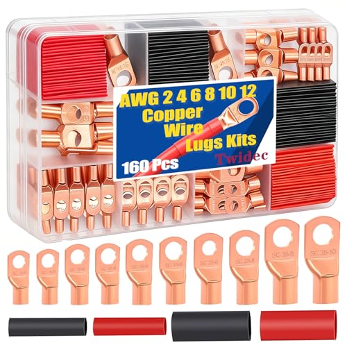 Twidec/160PCS Battery Cable Ends AWG 2 4 6 8 10 12 Gauge Copper Cable Wire Lugs,Ring Terminals Connectors,Copper Ring Terminals Connectors with Heat Shrink N-095-160PCS - color: 160PCS