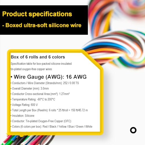 150Ft 16 Gauge Wire 6 Colors Electrical Wires 16AWG 600V Tinned Copper Silicone Wires Electric Stranded Hook Up DIY Wires Kit Insulated for Flexibility & Durability Ideal for Elec Wiring Proj