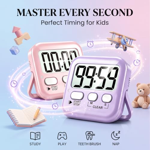 Antonki 2 Pack Digital Timer for Kids Classroom Kitchen Timers for Cooking - color: Pink + Purple