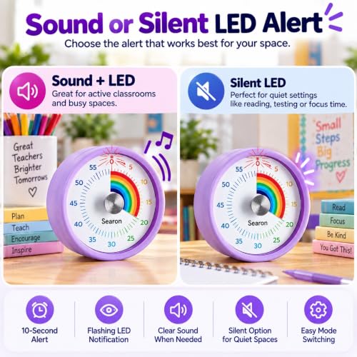 Magnetic Visual Timer for Classroom, 60-Minute Rainbow Dial, Purple - color: Purple