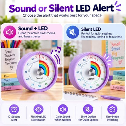 Magnetic Visual Timer for Classroom, 60-Minute Rainbow Dial, Purple - color: Purple