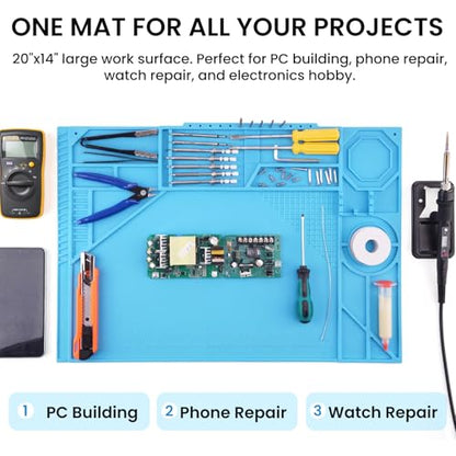 Silicone Soldering Mat with Soldering Stand, Heat Resistant 932°F, Large 20x14 Inch Non-Stick Workbench Mat for Electronics Repair, PCB, Phone, Watch, PC Building, Hobby & Craft – Blue - color: Blue