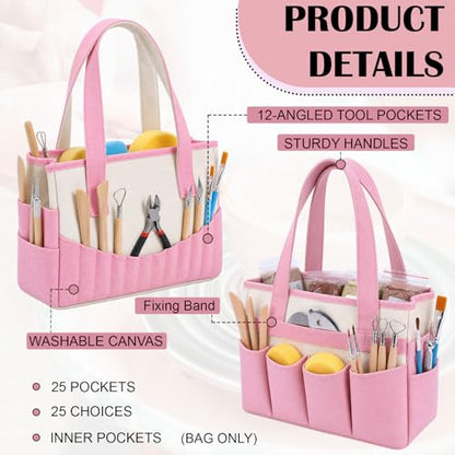 SilTriangle 14oz Pottery Tool Bag with Multiple Pockets Pink Canvas Art Supply Organizer Tote Bag for Storing Clay Sculpting Ceramic Tools Washable Canvas Craft Tote for Yarn and Crochet Supplies