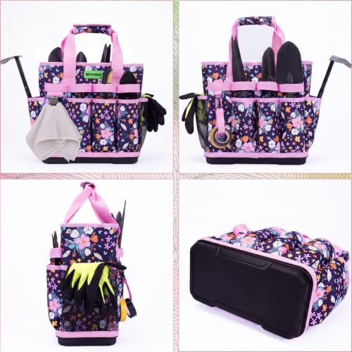 MELOTOUGH 12-Pocket Garden Tool Bag with Hard Bottom, Garden Tote, Purple - color: Purple Flower