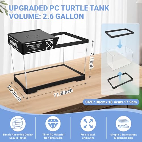 GOZILLA Mini Turtle Tank Kit with Adjustable Lamp, Upgrade PC Hermit Crab Tank, Small Turtle Starter Kit with Lid, Resin Hideout for Baby Turtles and Crabs (11.8×7.24×7.1''/Black Kit) - color: Black-HIll