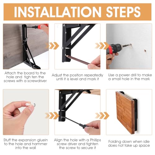4 Pcs Folding Shelf Brackets, 10 Inch Heavy Duty Metal Foldable Triangle Wall Mounted Table Hinge, Space Saving Black Brackets for Bench Table DIY with Screws