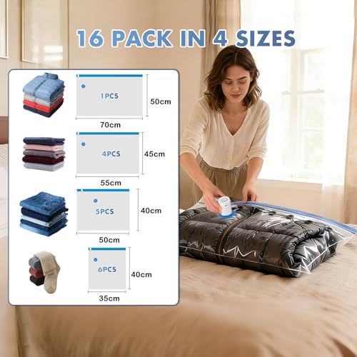 BoxLegend 16 Pack Travel Vacuum Storage Bags with Electric Pump 1 * 27.6x19.7+ 4 * 21.7x17.7+ 5 * 19.7x15.7+ 6 * 15.7x13.8in, Thickened Compression Bags for Clothes Luggage Travel Moving & Closet - size: 16 COMBO