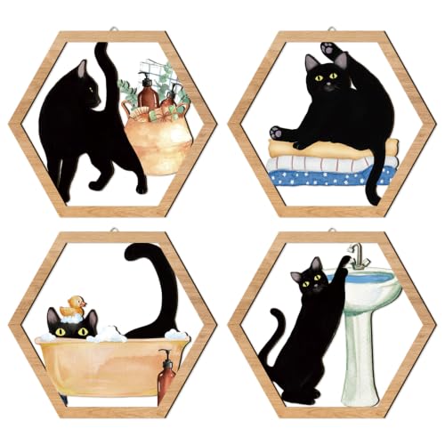 HPNIUB Funny Bathrooms Wall Decor, Black Cats In the Bath Wood Sign, 4 Pieces Farmhouse Wooden Hanging Sign for Toilet Powder Room Restroom Wall Decoration, Lovely Cat Gifts(11''x9.8'') - color: Black cats in the bath