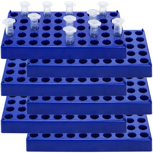 Lawei 6 Pack Vial Rack for 2ml HPLC Sample Bottles, 50 Holes with 13mm Diameter, Stackable Test Tube Holder, Durable Polypropylene Tube Rack, Centrifuge & Lab Bottle Holder with Numbered Grid, Blue