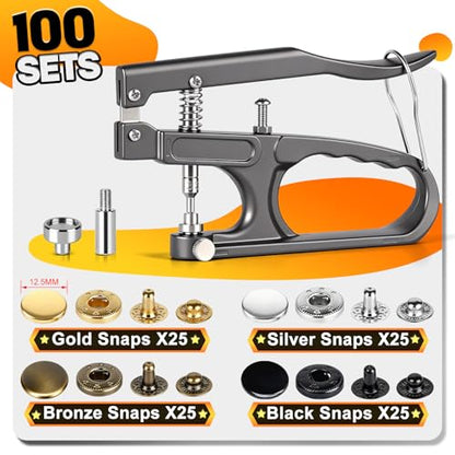 Alritz 100 Set Leather Snap Fasteners Kit 12.5mm 4 Colors with Press Pliers - style: 12.5mm+Pliers