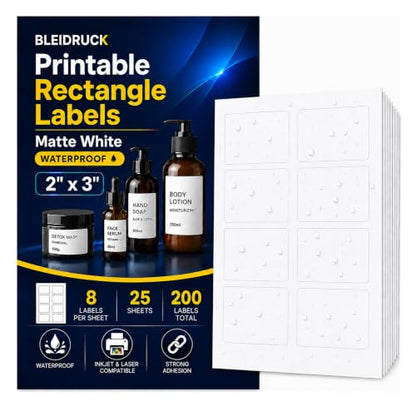 25 Sheets 2" x 3" Printable Matte White Rectangle 8up Waterproof Labels - size: 8up-25 sheets