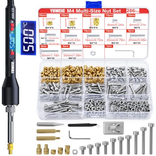 Heat-Set Threaded Insert Kit – 286pcs with 60W Digital Soldering Iron, Stand, Tweezers & M4 Nuts, Screws & Caps for Plastic Thread Repair and DIY Projects - size: M4