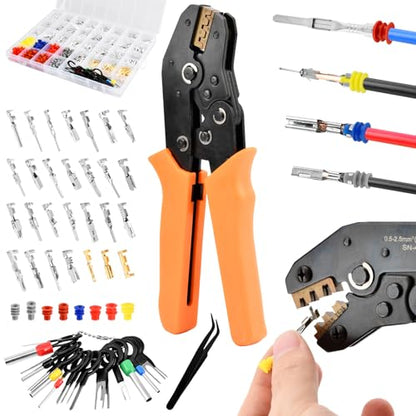 950pcs Pin Connectors Kit with Crimping Plier, Car Electrical 1/1.5/1.8/2.2/2.3/2.8/3.5mm Male & Female Wires Pins Seals Removal Tool kit, Motorcycle Non-Insulated Plug Crimp Set