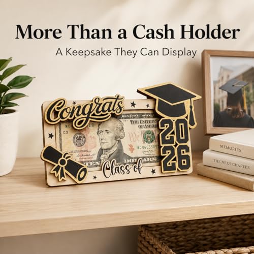 KATINAT 1pc Graduation Money Holder 2026, Congrats Class of 2026 Cash Gift Holder, Wooden Graduation Gift Card Holder for High School College Seniors, Grad Gift for Her, Him - color: Black Gold