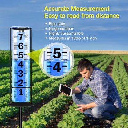 Rain Gauge Outdoor Upgraded, Accurate Freeze Proof Thickened Rain Gauges Outdoors Best Rated, Large Clear Numbers and Adjustable Height Rain Measuring Tool for Garden, Yard, Lawn, Patio, and Farm Use