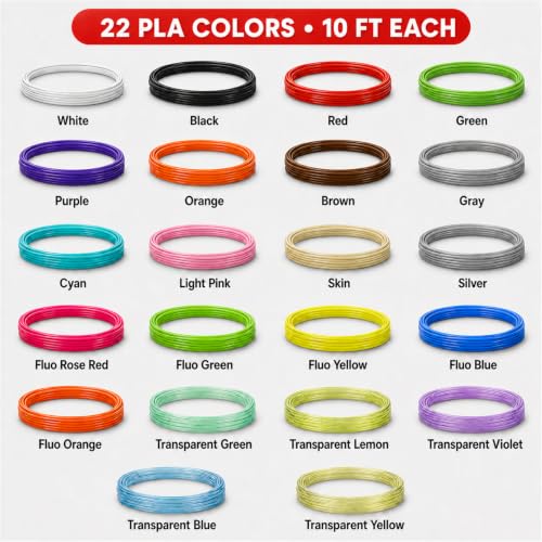 3D Pen Filament Refills, 22 Colors, 1.75mm PLA, 220 Feet - color: 10 Feet Each, 22 Colors