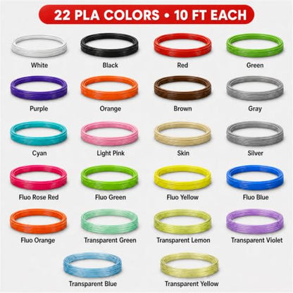 3D Pen Filament Refills, 22 Colors, 1.75mm PLA, 220 Feet - color: 10 Feet Each, 22 Colors