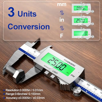 Preciva Backlight Digital Caliper, 6 Inch Rechargeable Electronic Micrometer with IP54 Waterproof and Large LCD Screen Conversions for in/MM/F Precision Measuring Tool for DIY/Professional Use - color: Blue