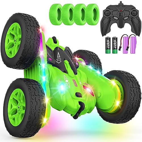 Terucle Remote Control Car, Rc Cars Stunt RC Car Toys Upgraded Strip Lights and Headlights Kids Toys Double-Sided 360° Rotating 4WD Drift Truck for Boys Girls Birthday Gift (Green) - color: Green
