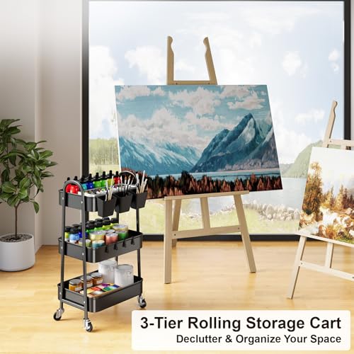 3 Tier Metal Rolling Cart with Lockable Wheels,Black Three Tiered Art Carts - color: Matte Black, size: 3 tier
