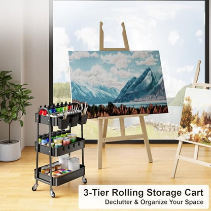 3 Tier Metal Rolling Cart with Lockable Wheels,Black Three Tiered Art Carts - color: Matte Black, size: 3 tier
