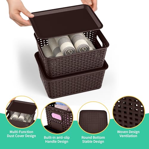 8 Pack Plastic Storage Baskets,Brown Stackable Bins with Lid - color: Brown