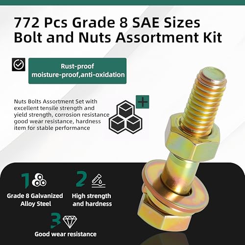 772 Pcs Grade 8 Bolt and Nuts Assortment Kit