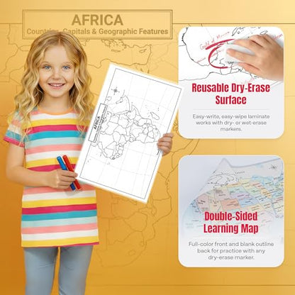 Africa Map 11x17 Laminated Dry Erase Geography Chart | Double-Sided with Color Front & Blank Outline Back | Reusable Classroom & Homeschool Tool - color: Africa