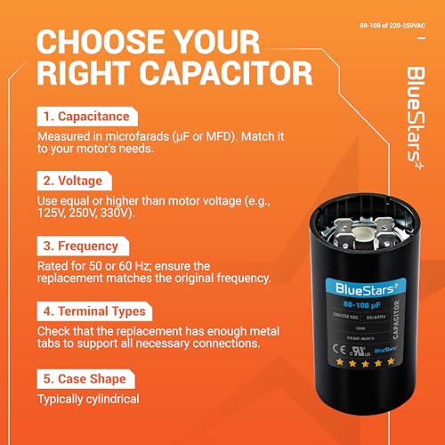 [2025 Upgraded] BlueStars 88-108 uF MFD 220-250VAC Motor Start Capacitor - size: 88-108 MFD 220-250 VAC