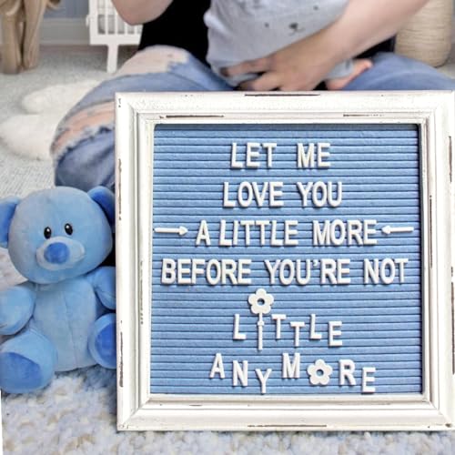 Blue Felt Letter Board Baby Announcement Sign with Rustic Wood White Frame - Rustic Farmhouse Letter Board Sign with Stand - 10x10 Felt Board Changeable Message Board with 350 Letter Set - color: Blue, size: 10x10 inches